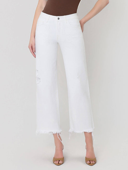 High Rise Raw Hem Crop Wide Jeans