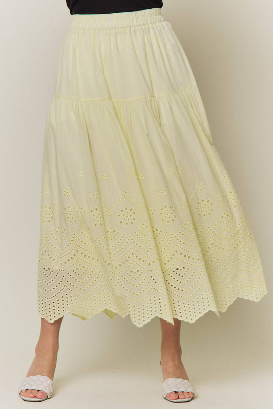 Tiered Eyelet Scalloped Midi Skirt