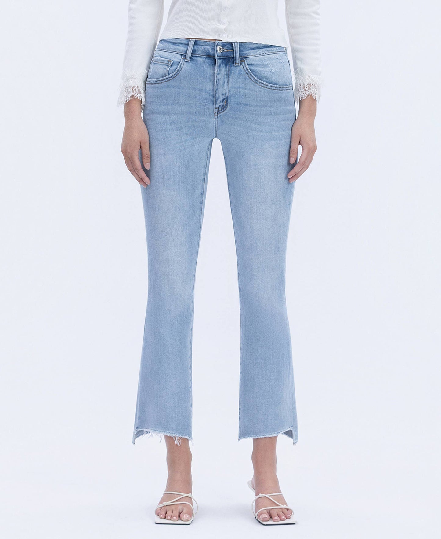 High Rise Raw Step Hem Crop Flare Jeans