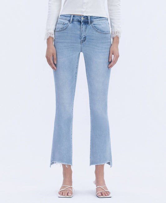 High Rise Raw Step Hem Crop Flare Jeans