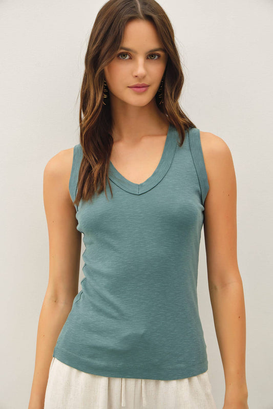 Fitted Slub Cotton V-Neck Tank Top