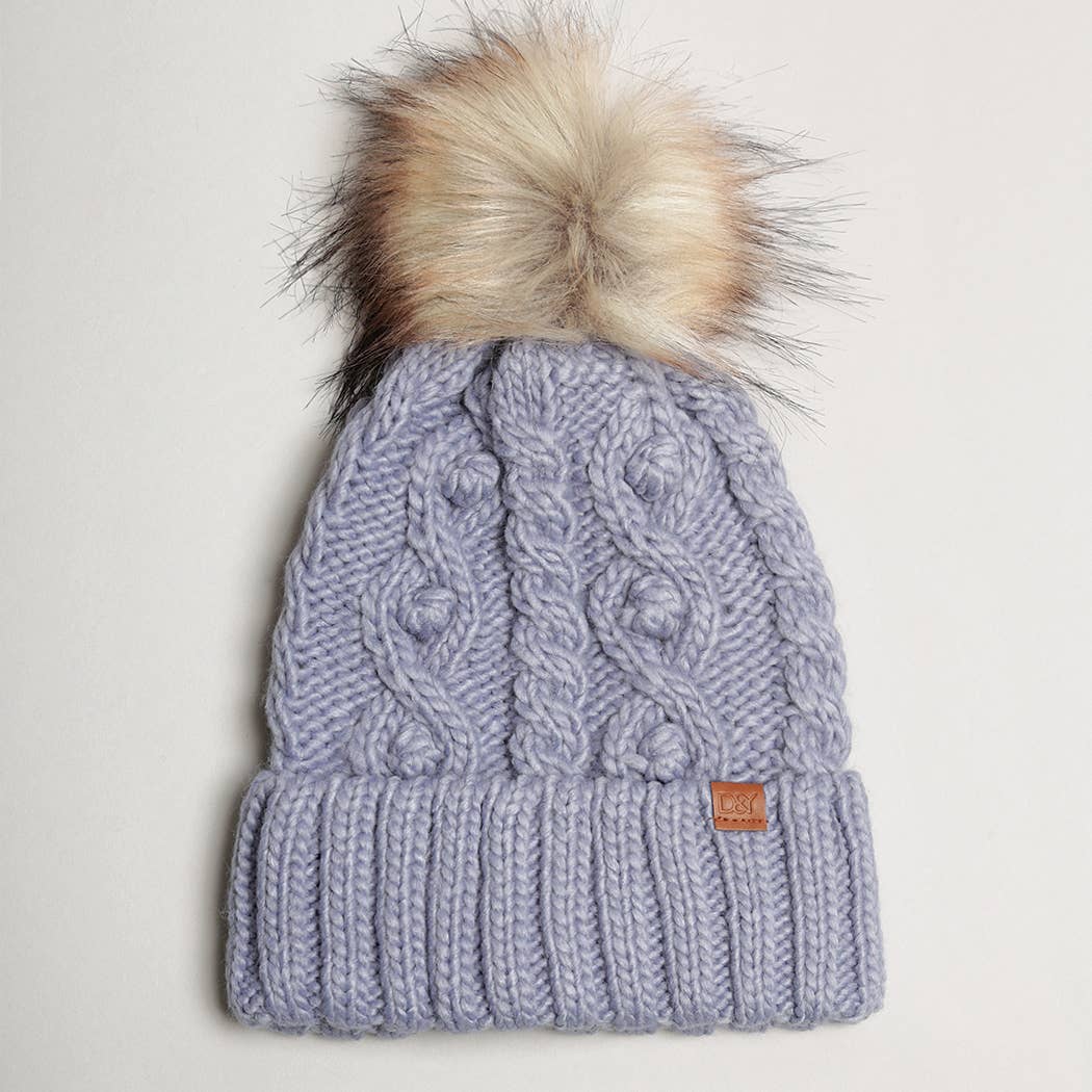 Popcorn Trim Knit Beanie w Faux Fur Pom