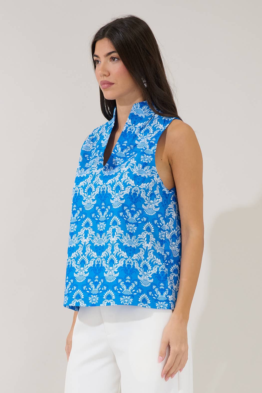 Sleeveless Floral Mock V-Neck Top