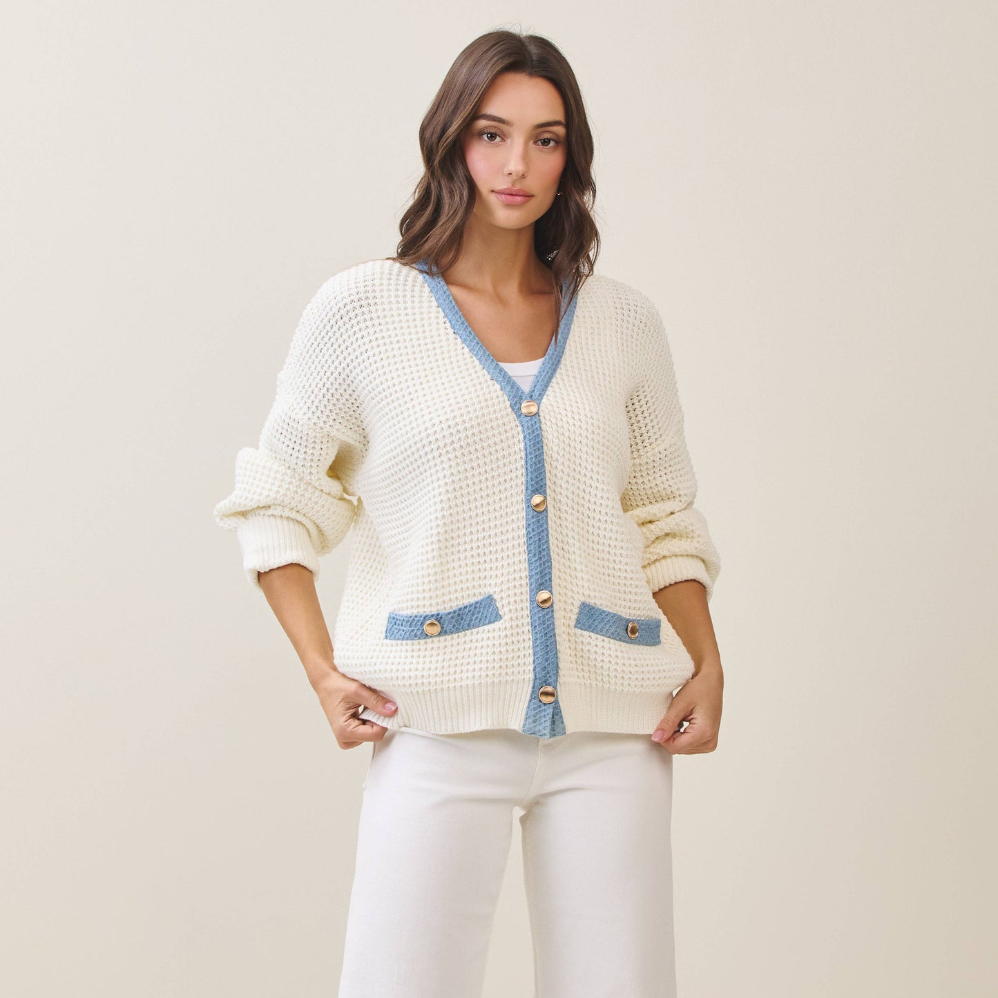 Contrast Trim Gold Button Cardigan