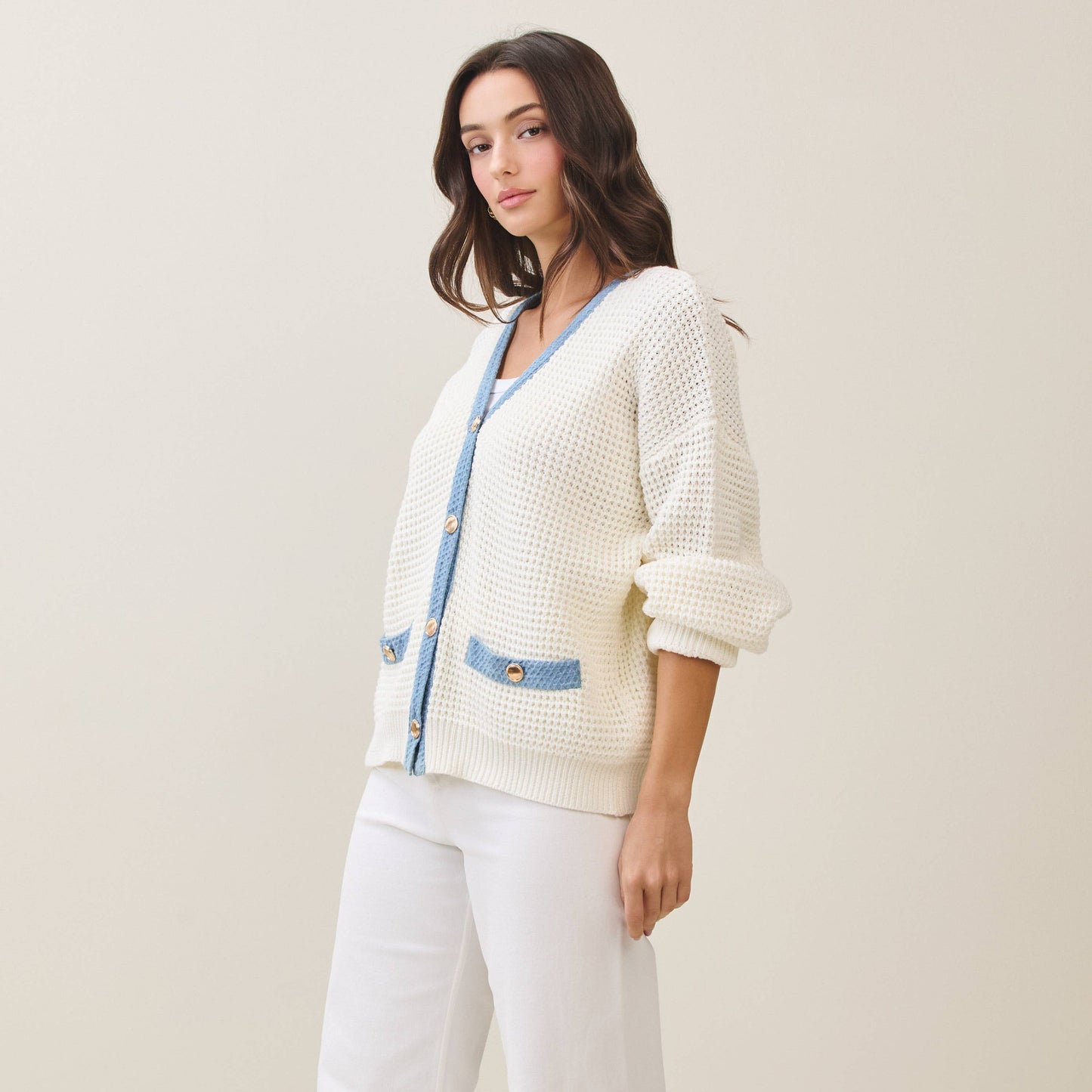 Contrast Trim Gold Button Cardigan