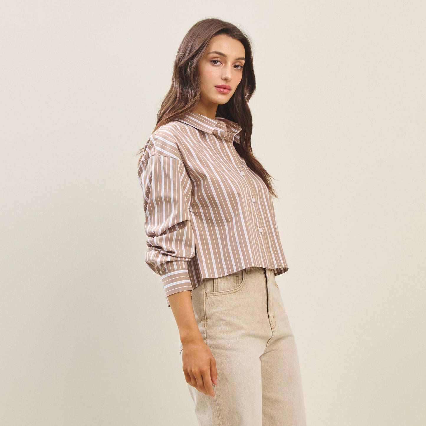 Striped Button Down Crop Length Shirt
