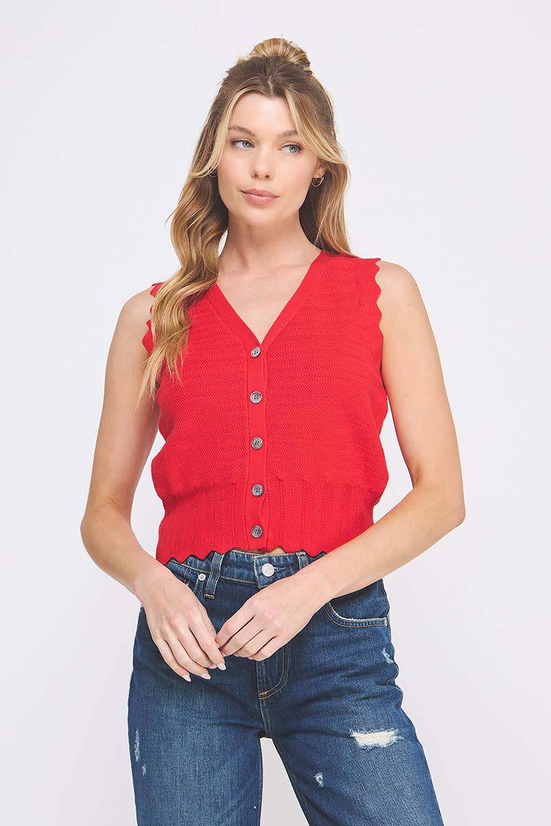 Scalloped Edge Pointelle Knit Sleeveless Top
