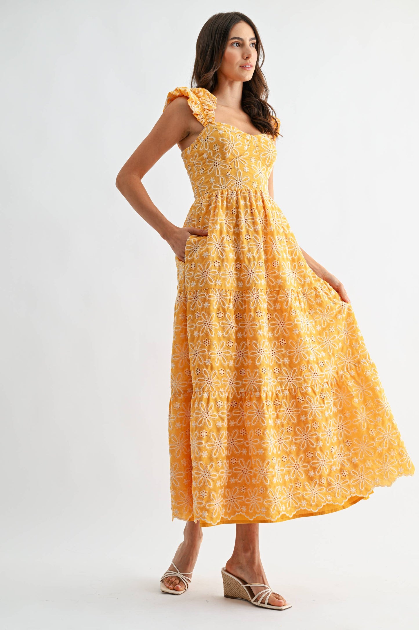 Floral Embroidered Ruffle Sleeve Midi Dress