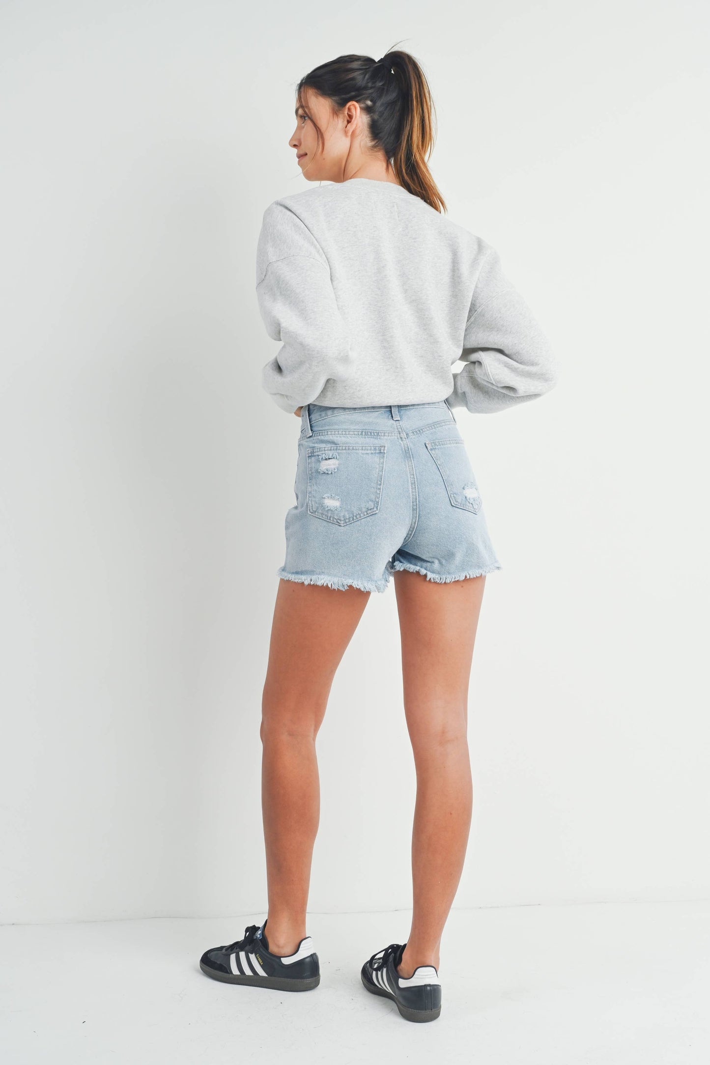 High Rise Destroyed Fray Hem Denim Shorts