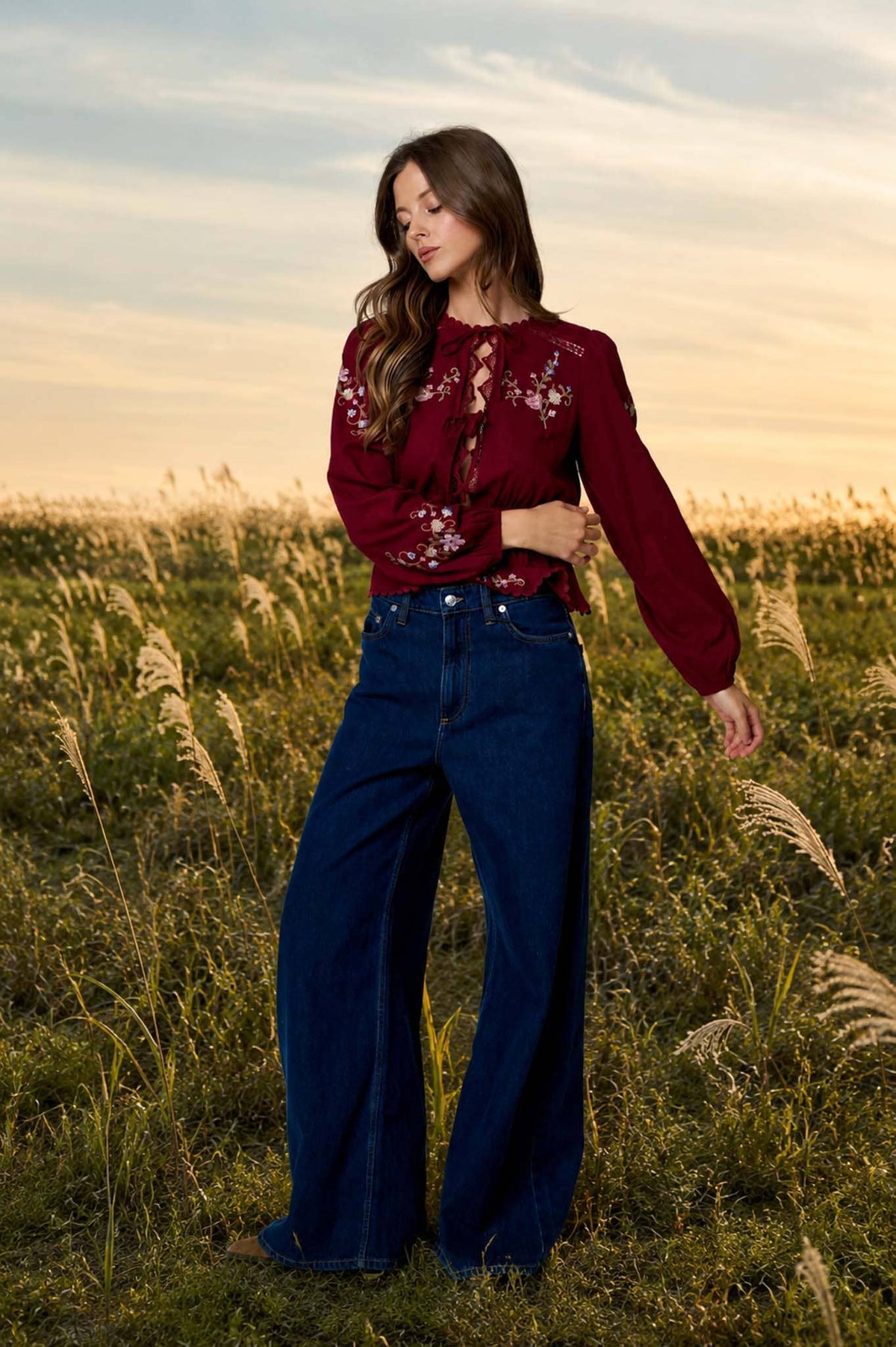 Embroidered Crochet Front Tie Top