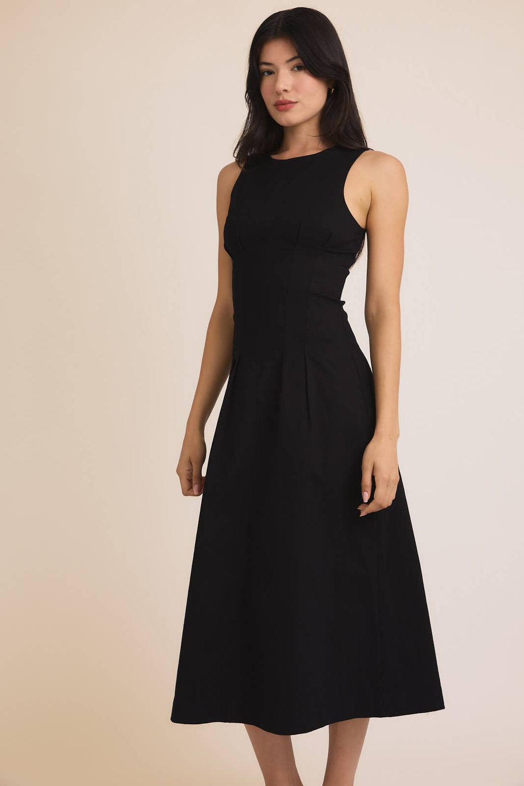Sleeveless Pleated Twill Midi Dress