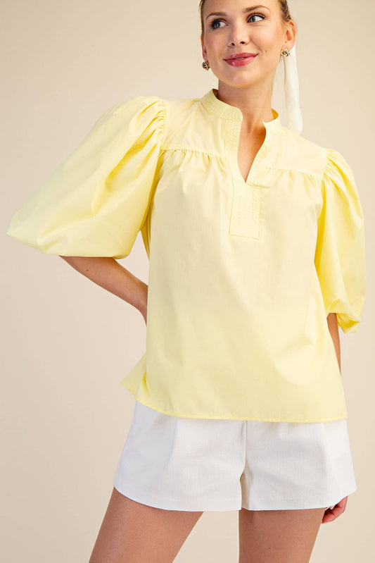 Flat Collar V-Neck Bubble Sleeve Poplin Top