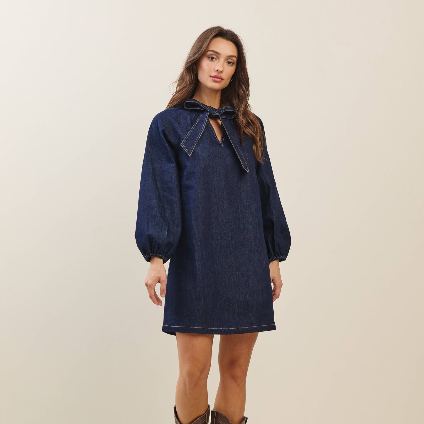 Denim Bow Front Mini Dress