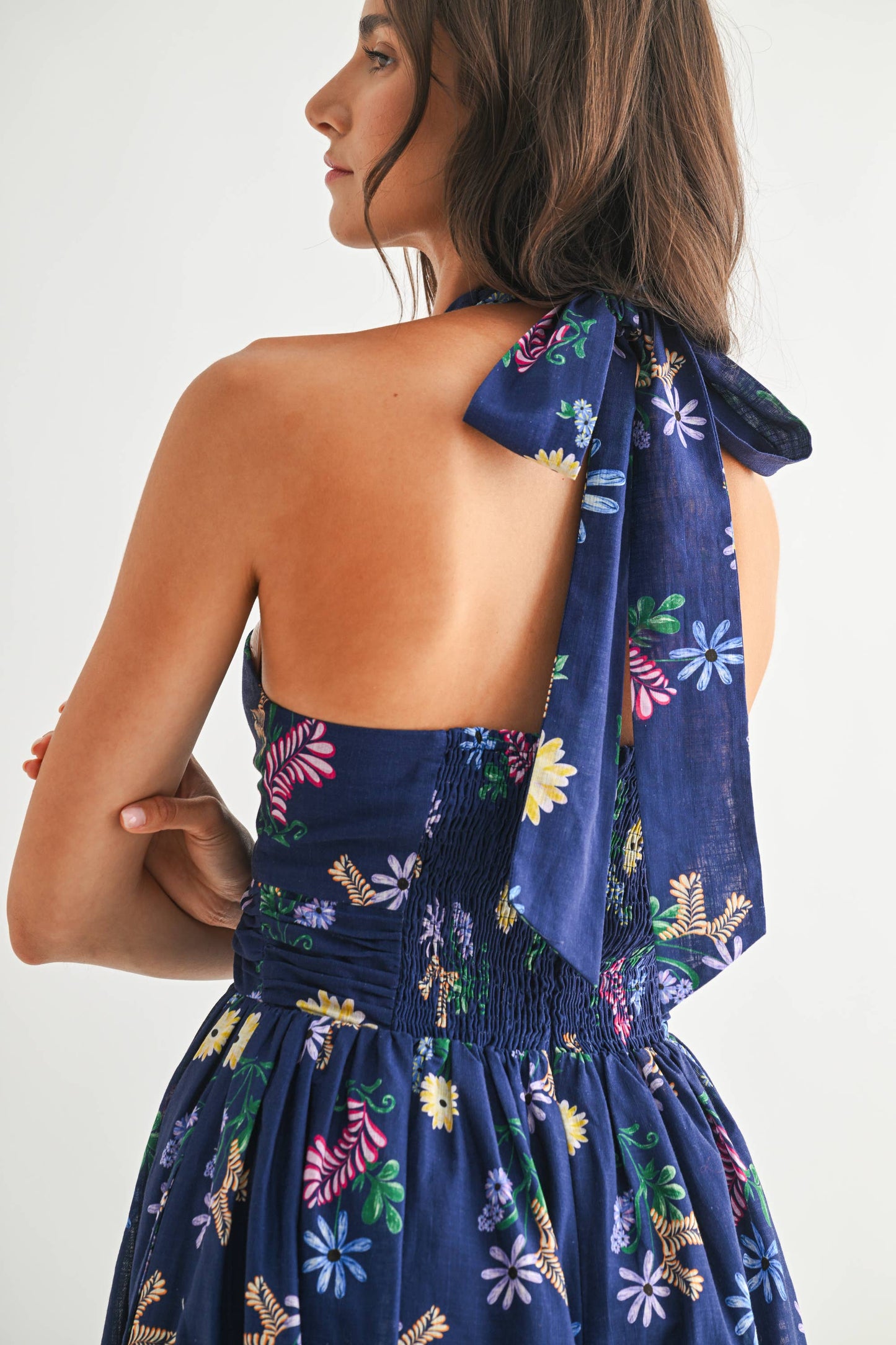 Rental- Camellia Crossed Halter Floral Midi Dress