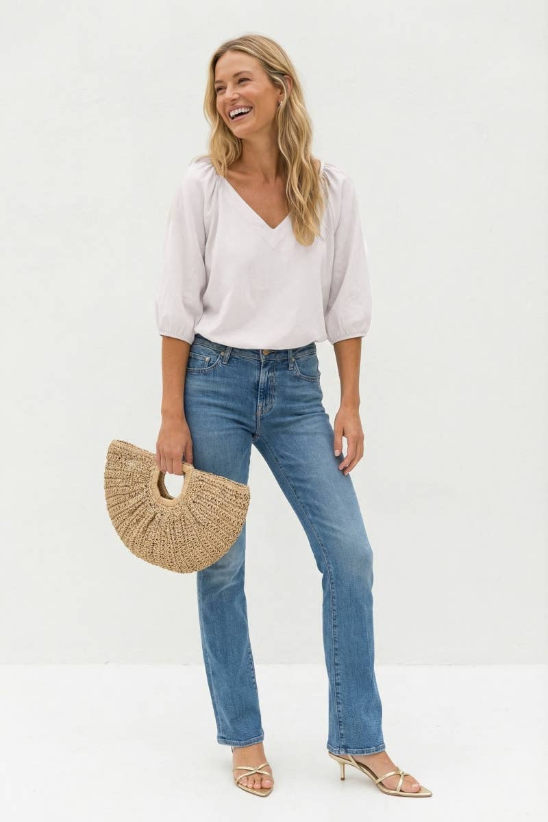 Elastic Puff Sleeve V-neck Top