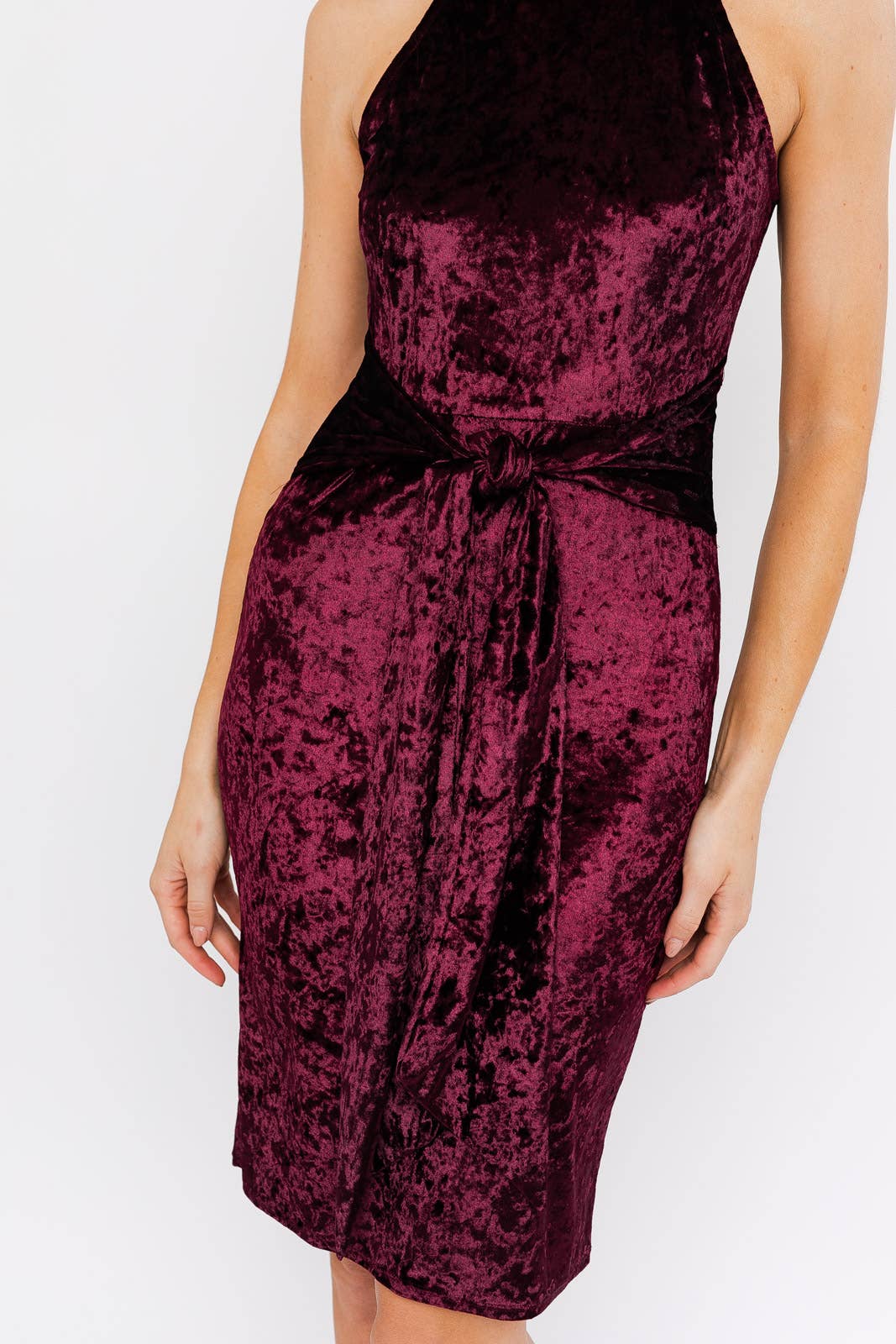 Sleeveless Halter Neck Waist Tie Velvet Dress