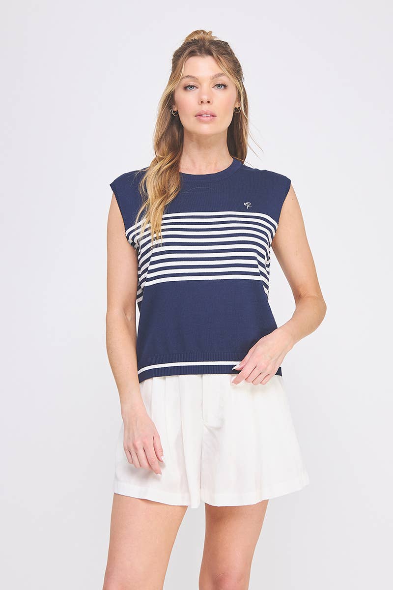 Light Knit Striped Crewneck Sleeveless Top