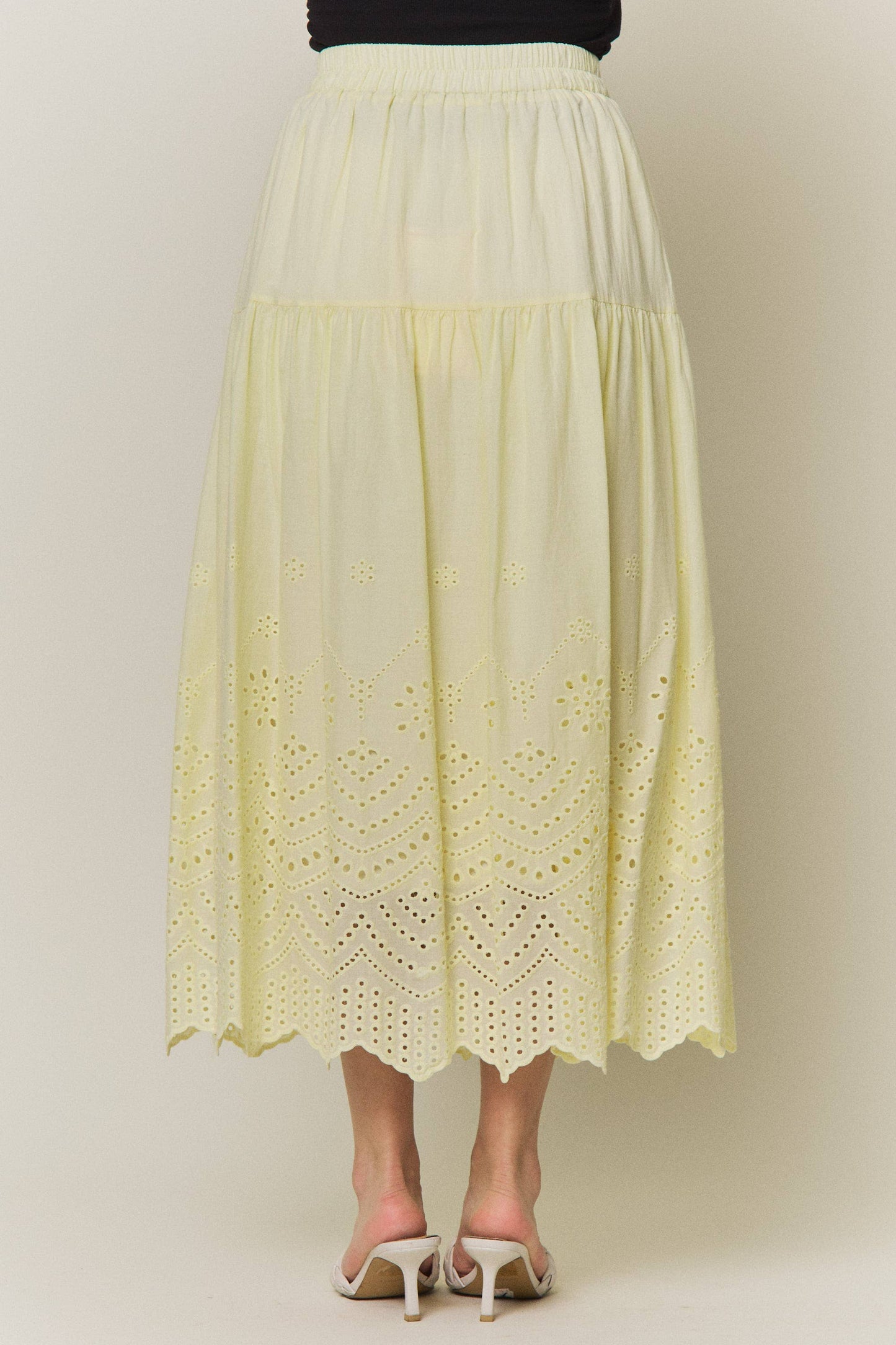 Tiered Eyelet Scalloped Midi Skirt