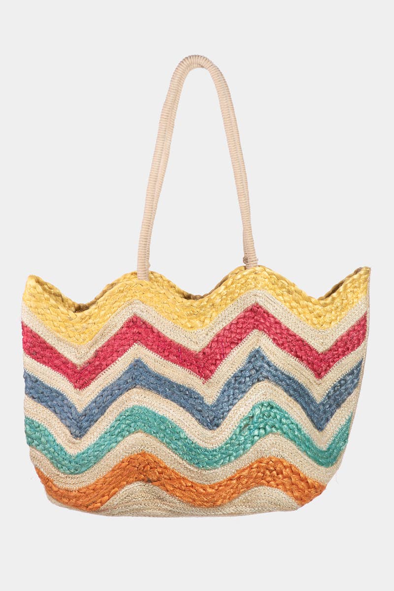 Intricate Striped Jute Knit Tote Bag