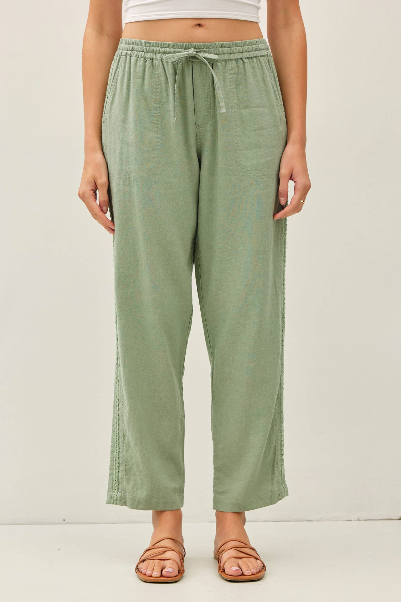 Crochet Lace Trim Tapered Linen Pants