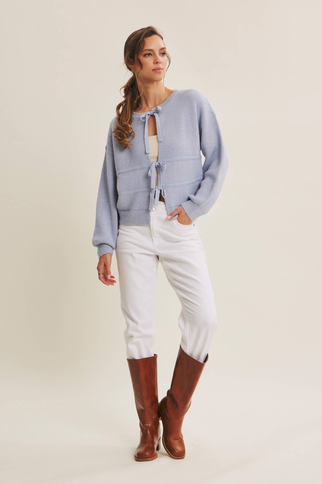 Brushed Fabric Three Bow Cardigan Sweater