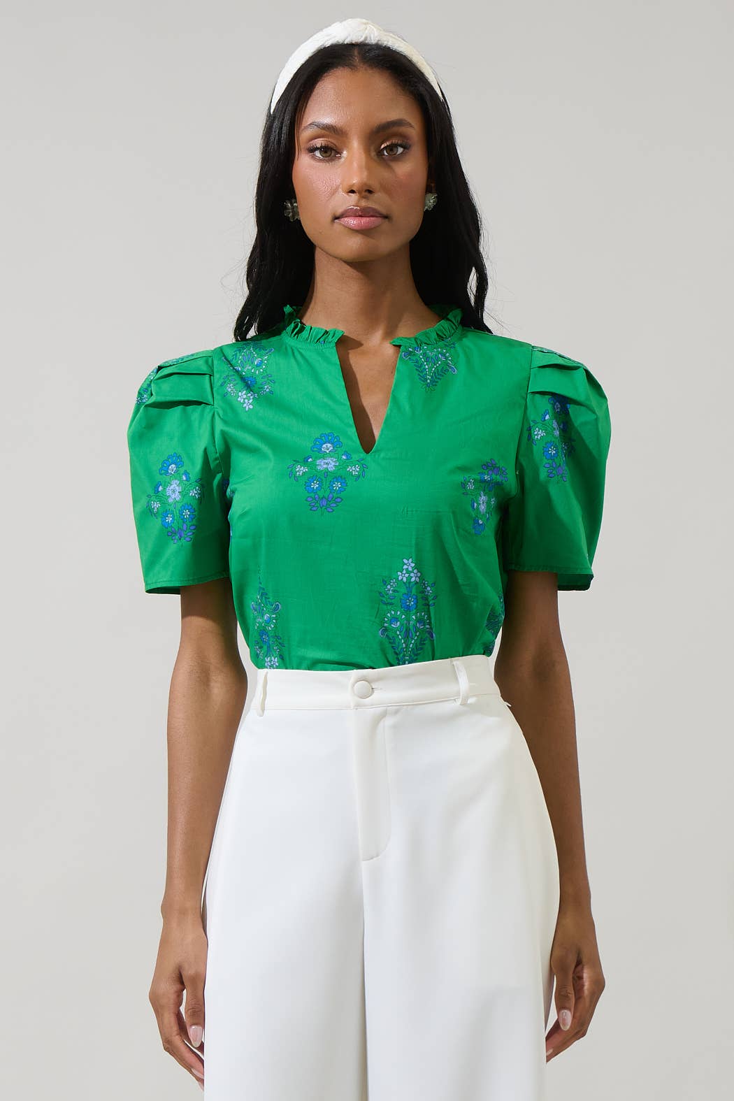 Pleated Shoulder Ruffle Neck Top