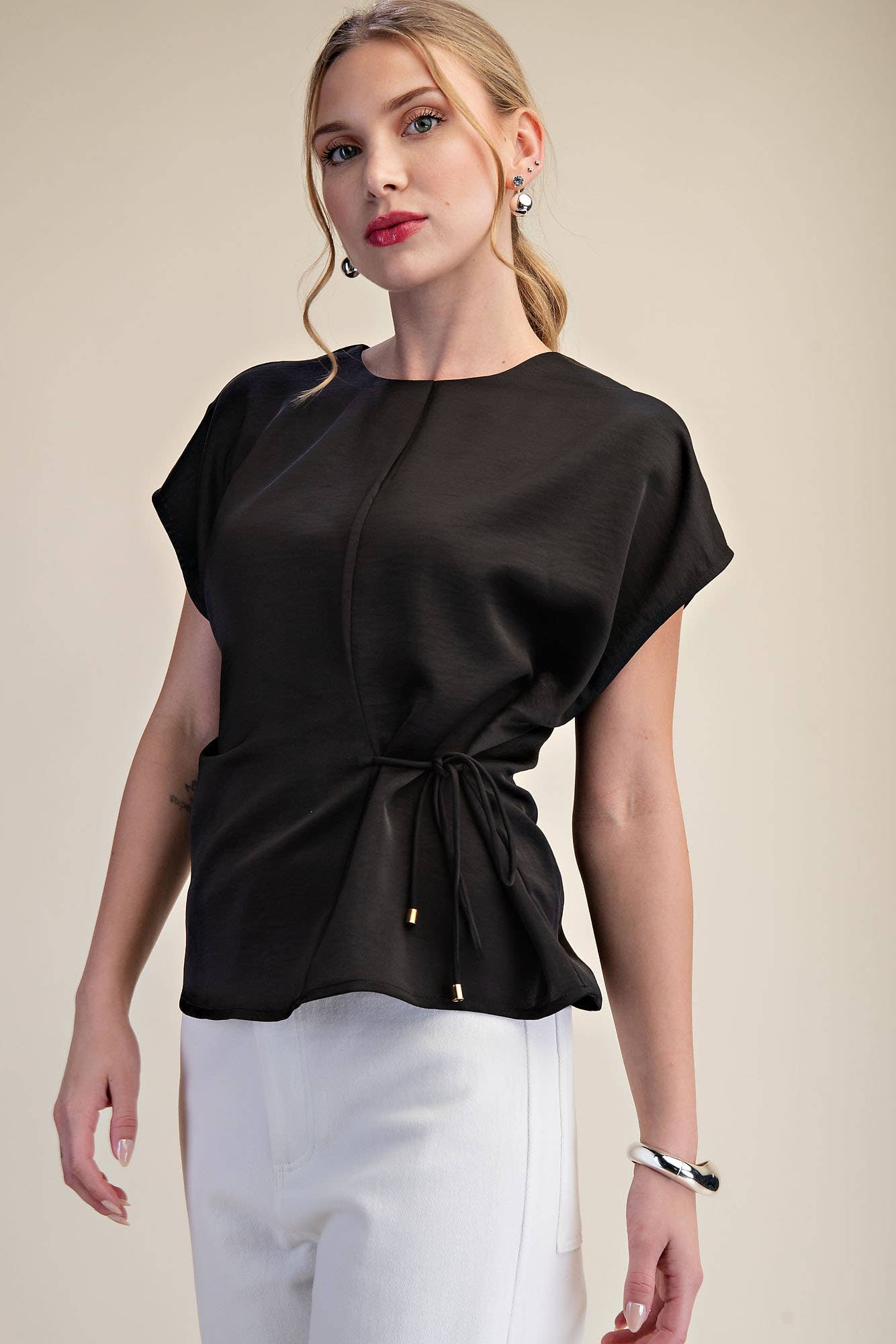 Silky Short Sleeve Front Lace-Up Tie Top