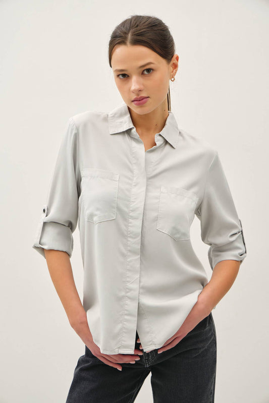 Tencel Rolled Cuff Button Down Top