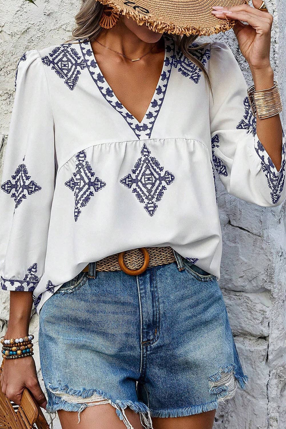 Geometric Print Bracelet Sleeve V Neck Top