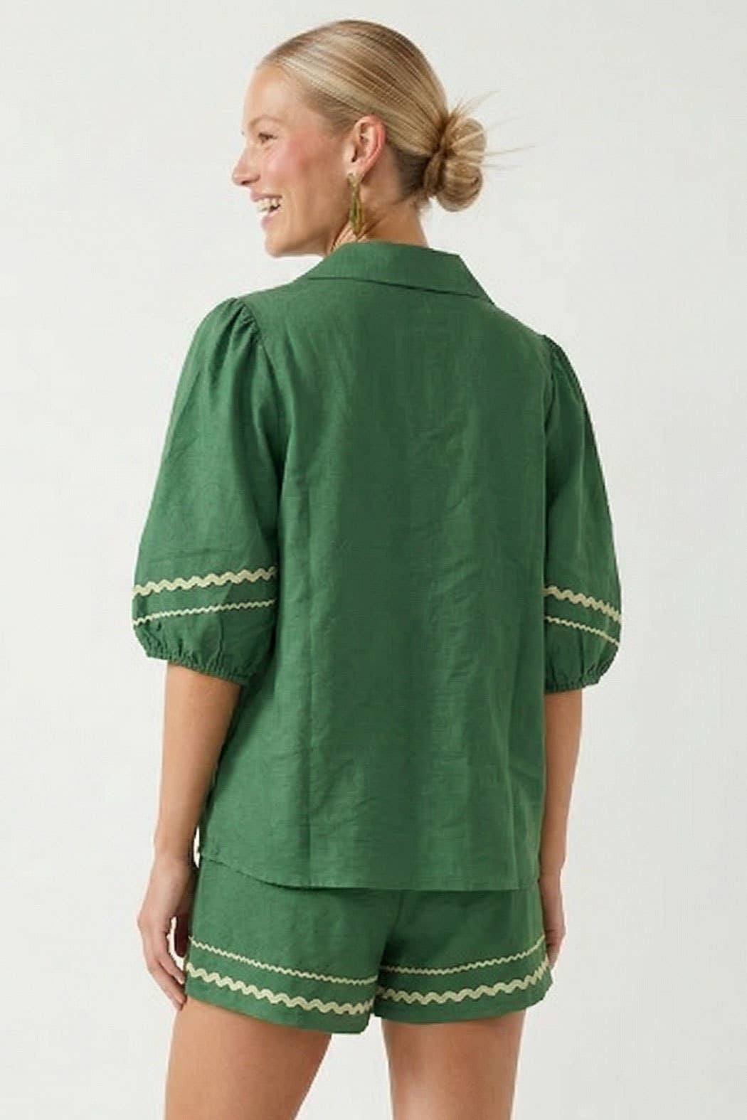 Contrast Trim Puff Sleeve Linen Blouse