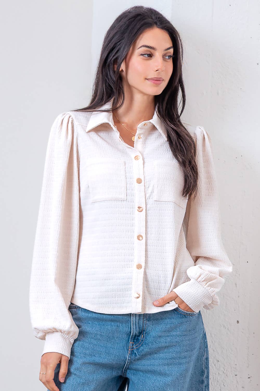 Puff sleeve button down