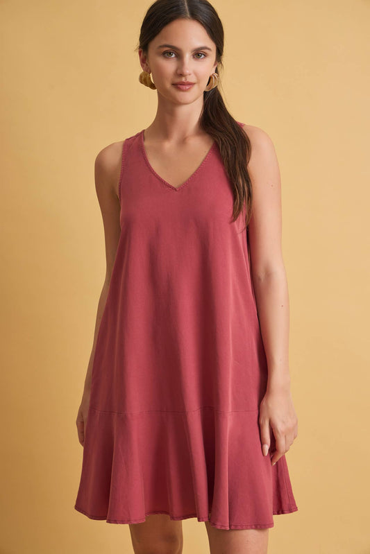 Ruffle Hem Lace Back Tencel Mini Dress
