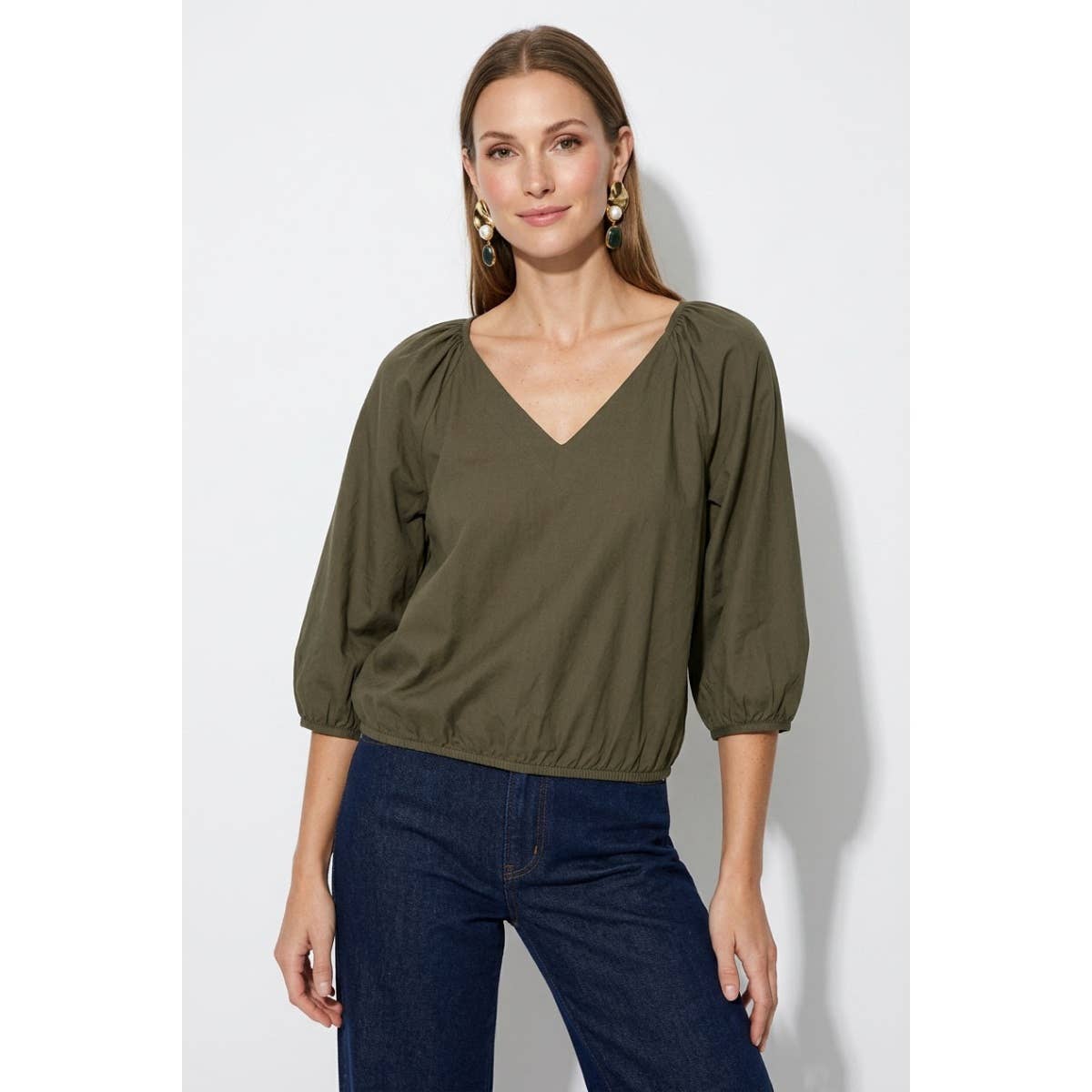 Elastic Puff Sleeve V-neck Top