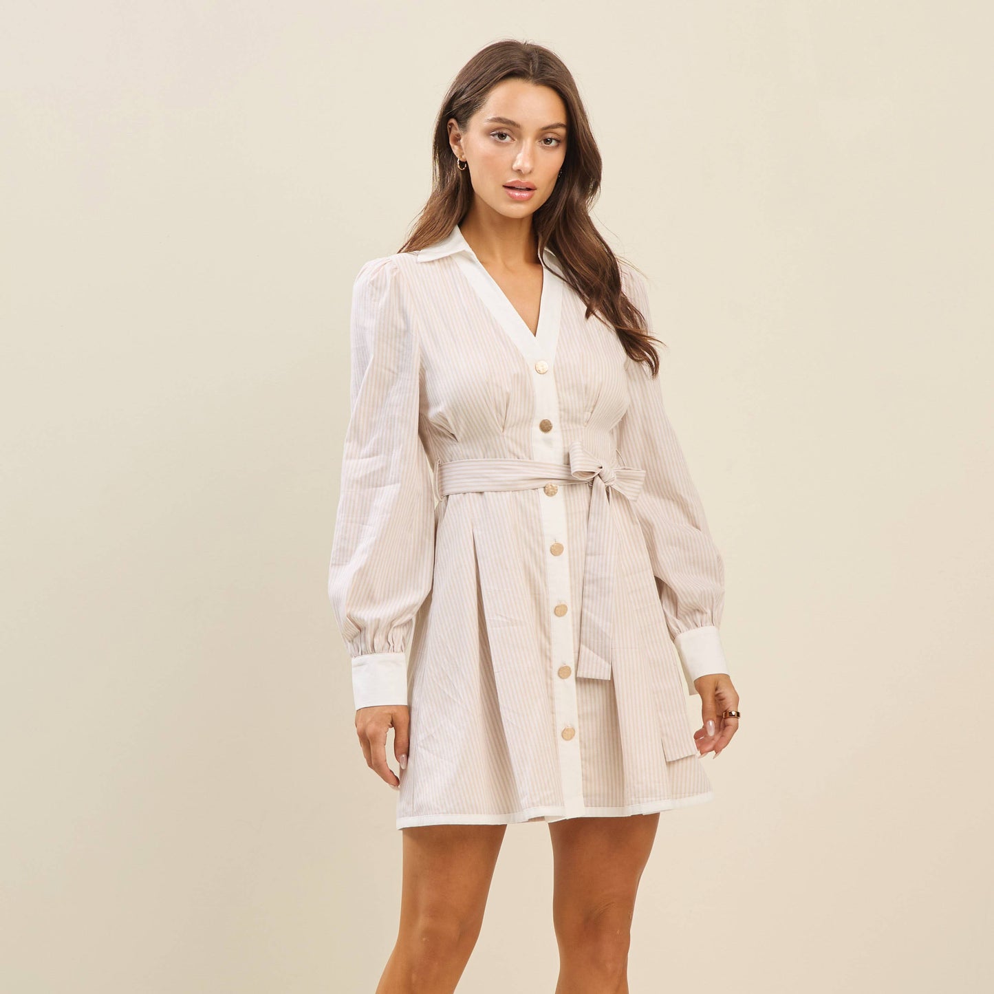 Gold Button Pintuck Waist Shirt Dress