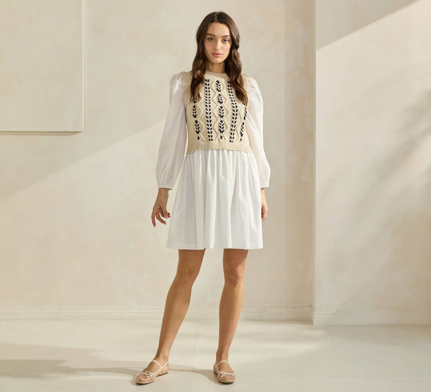 Sweater Poplin Combo Mini Dress