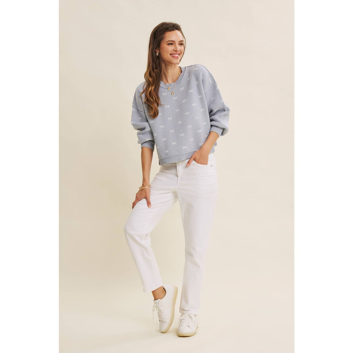 Bow Pattern Balloon Sleeve Sweater