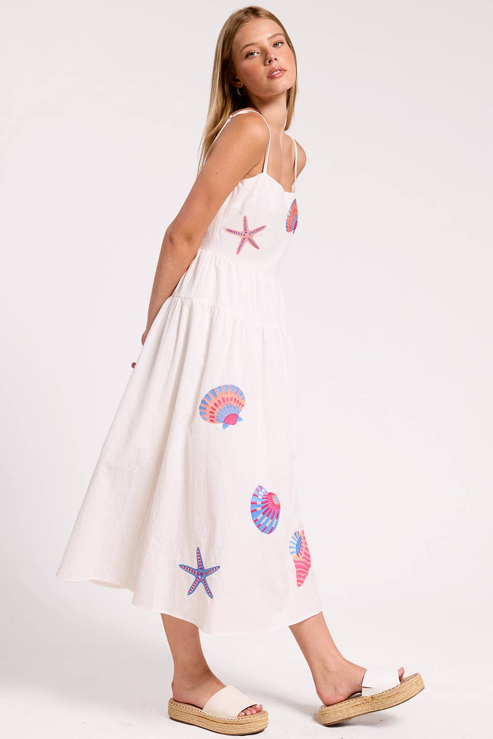 Marine Shell Embroidered Midi Dress