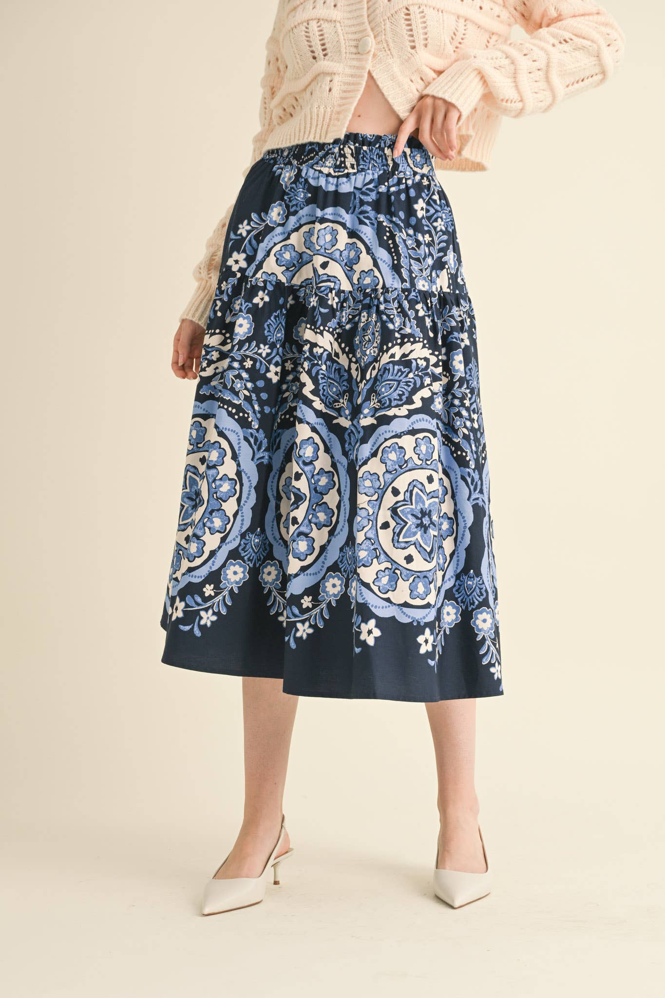Rental- Smocked Waist High Rise Midi Skirt