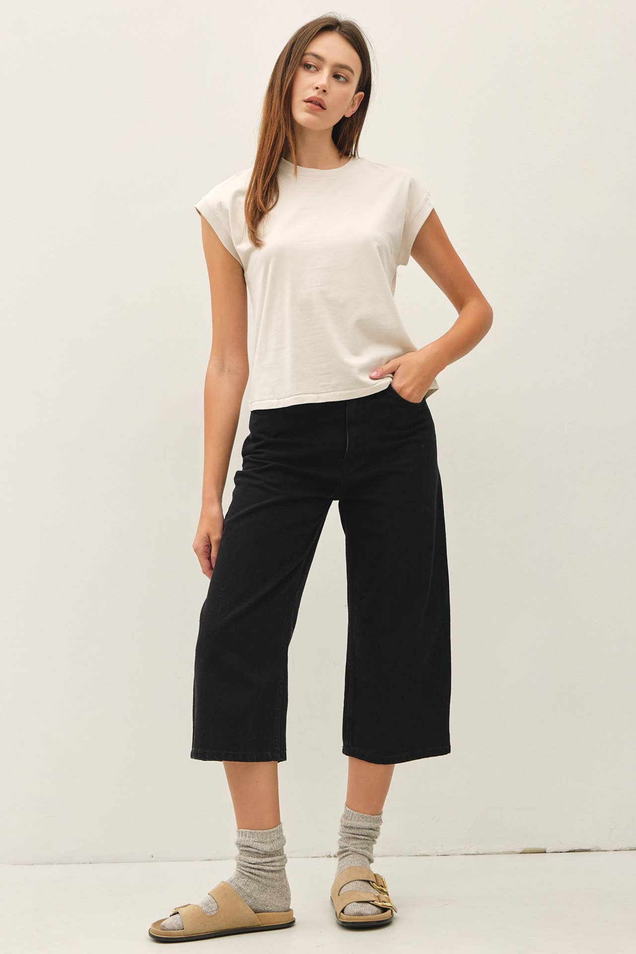 Cap Sleeve Crew Neck Cotton Top