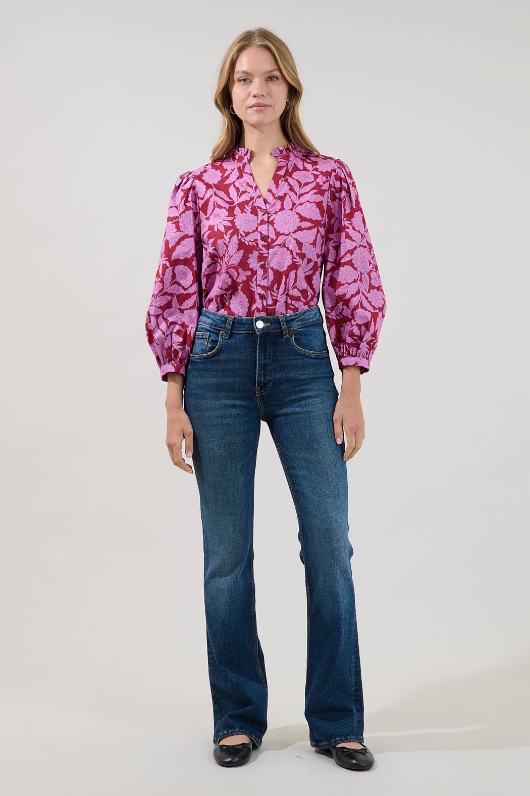 Balloon Sleeves Ruffle Neck Floral Top
