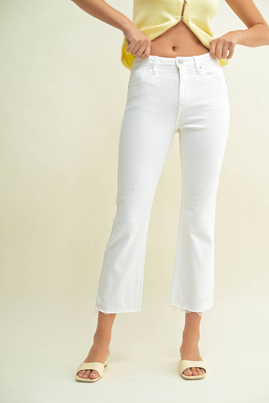 High Rise Crop Flare Distressed Hem Jeans