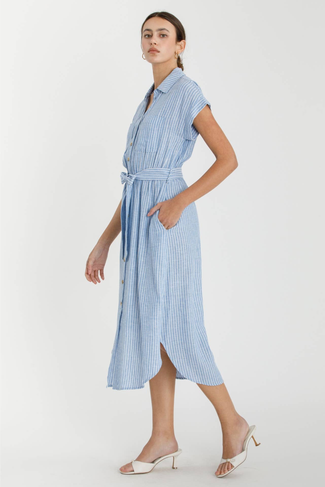 Linen Blend Striped Utility Shirt Dress