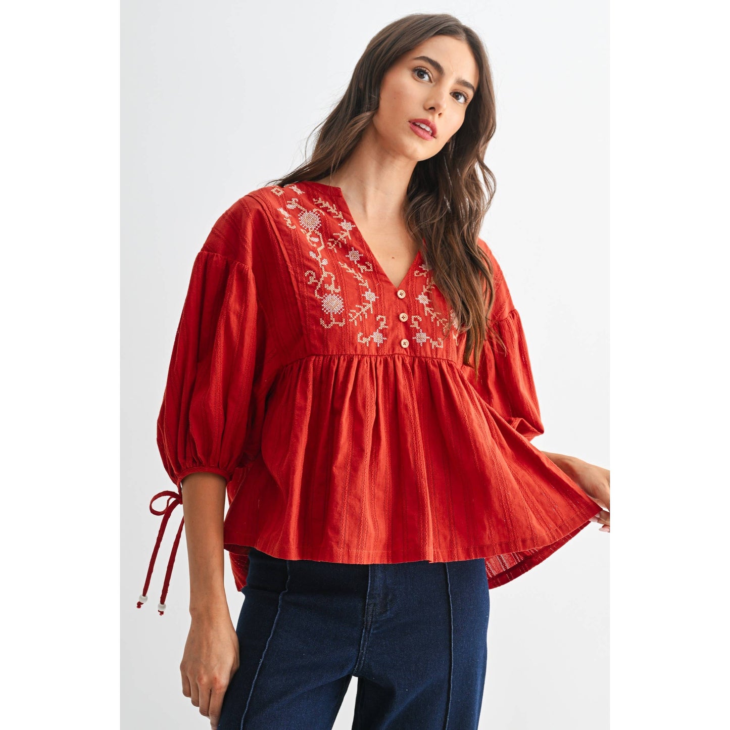 Embroidered V-Neck Boho Blouse Top