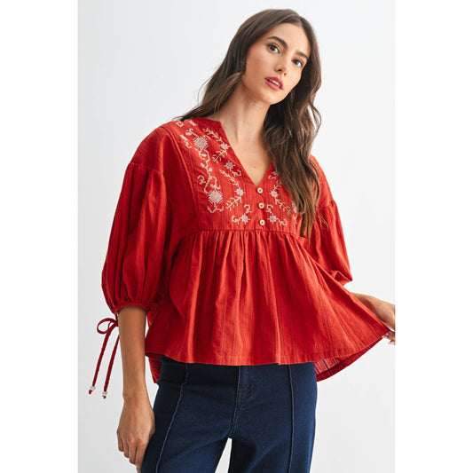 EMBROIDERED V-NECK BOHO BLOUSE