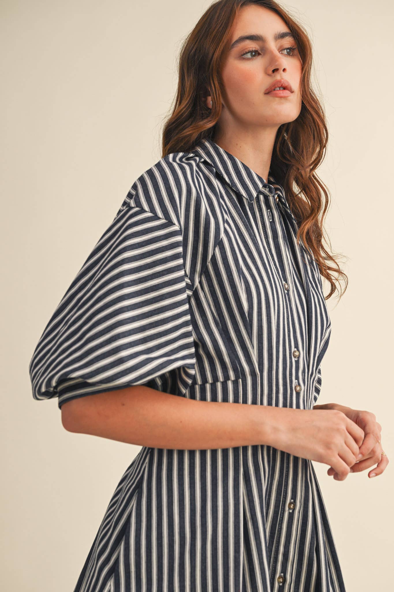 Rental- Striped Denim Bubble Sleeve Mini Dress