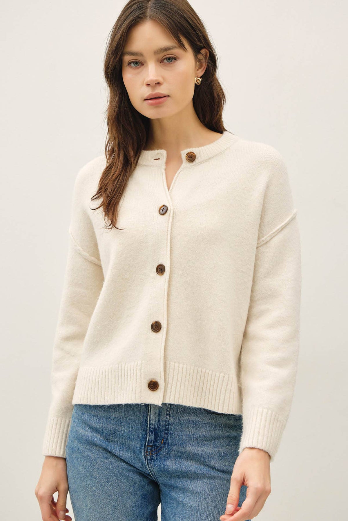 Exposed Seam Crew Neck Button Front Cardigan