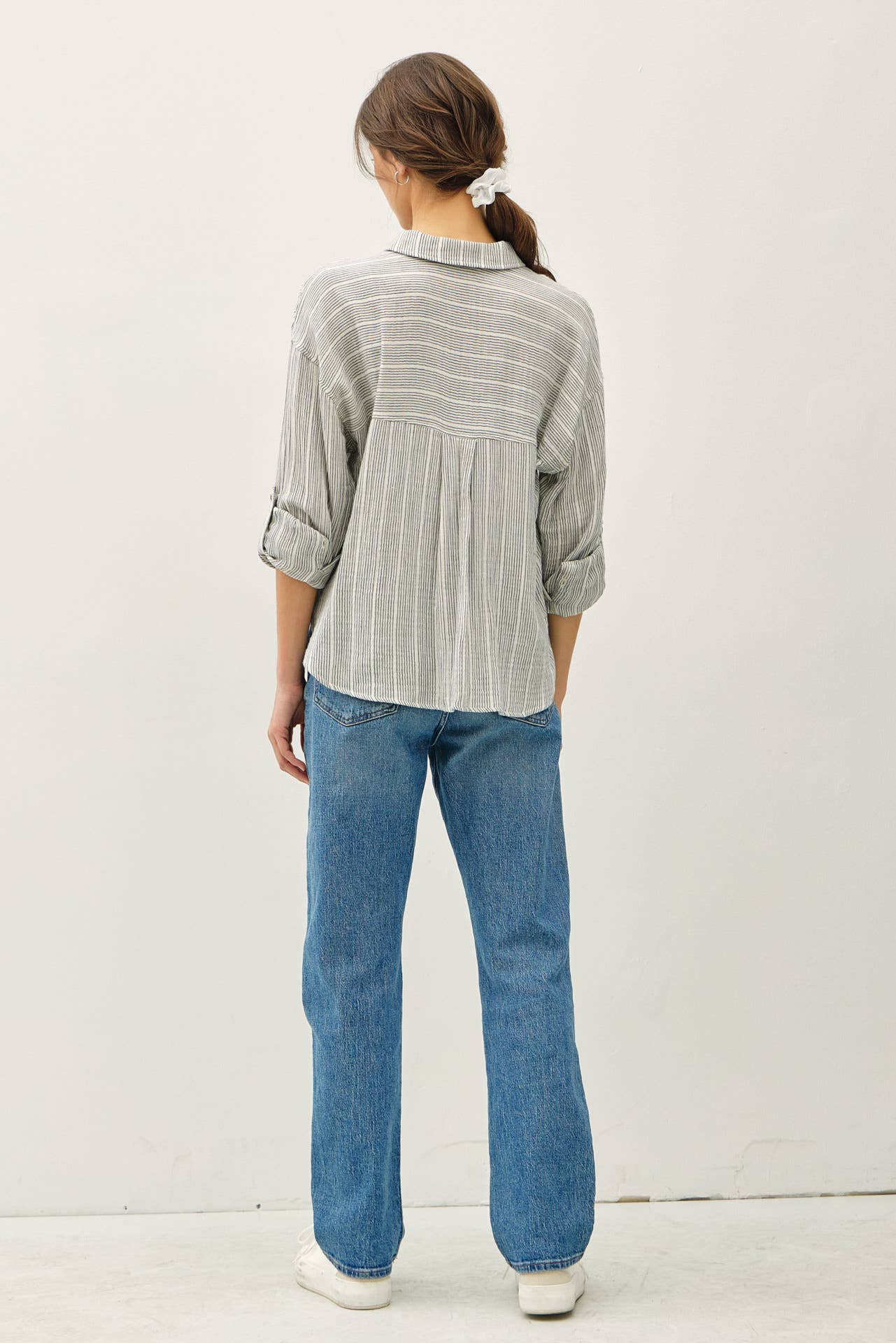 Striped Gauzy Pocket Button Down Top