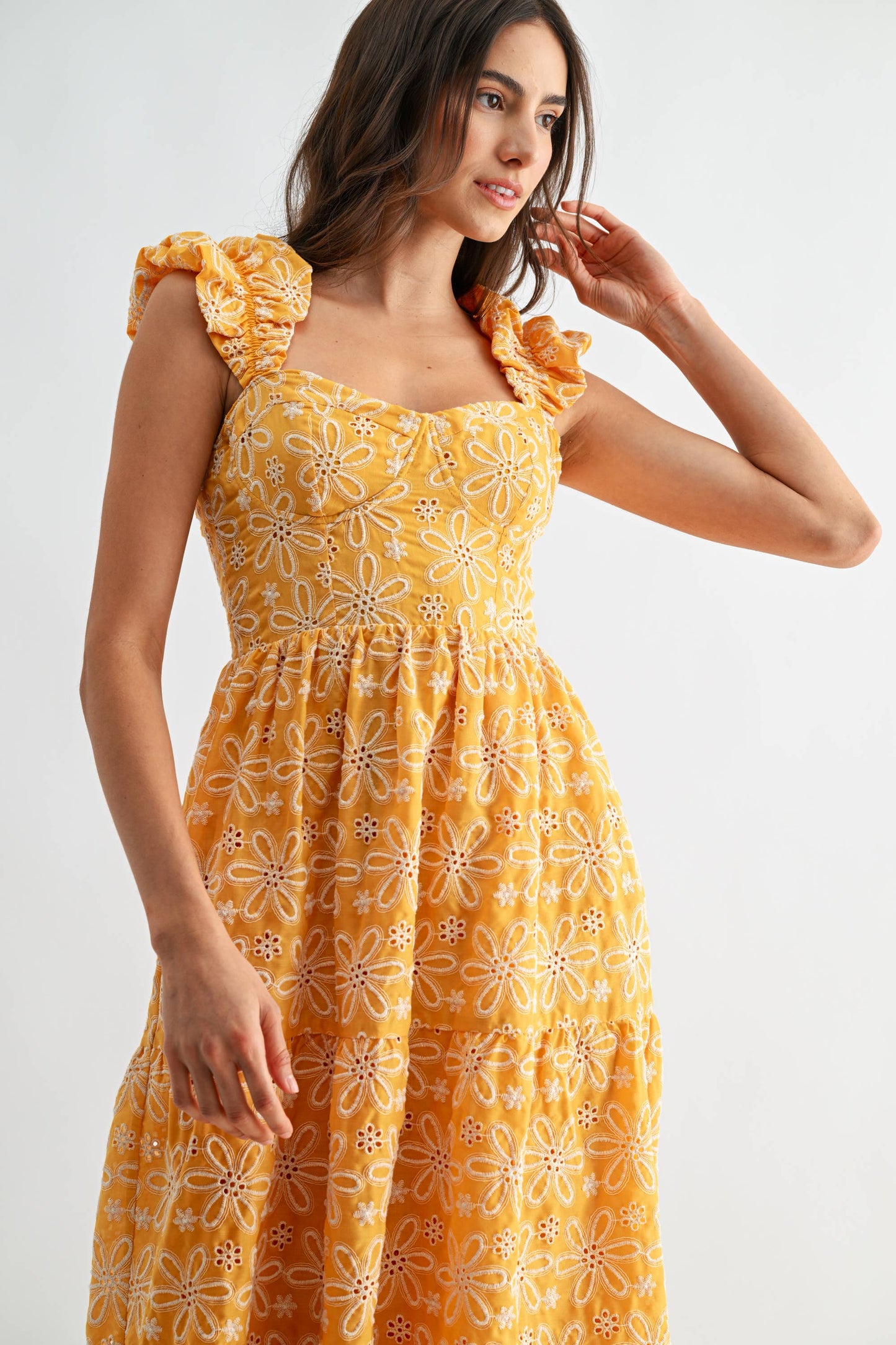 Floral Embroidered Ruffle Sleeve Midi Dress
