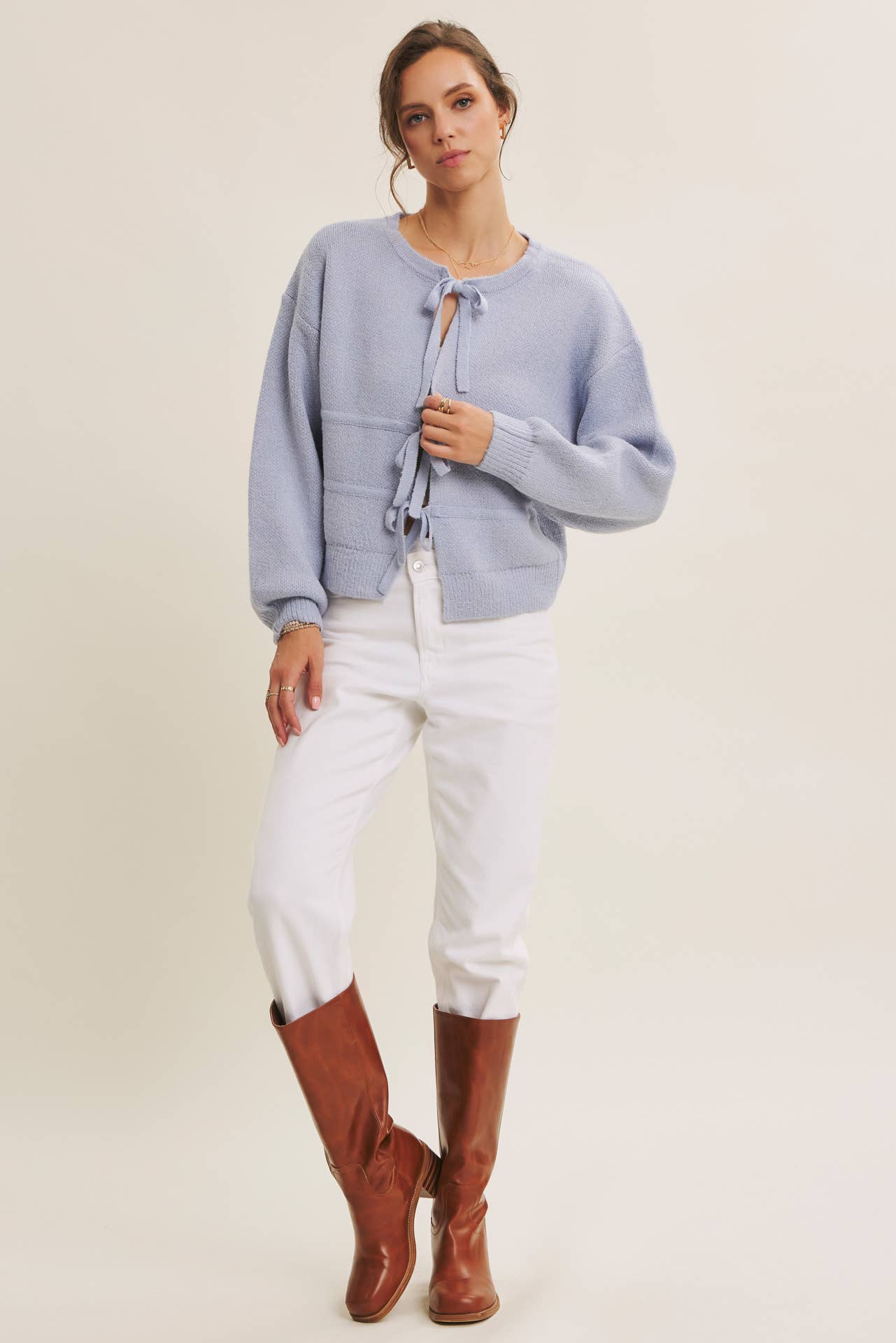 Brushed Fabric Three Bow Cardigan Sweater