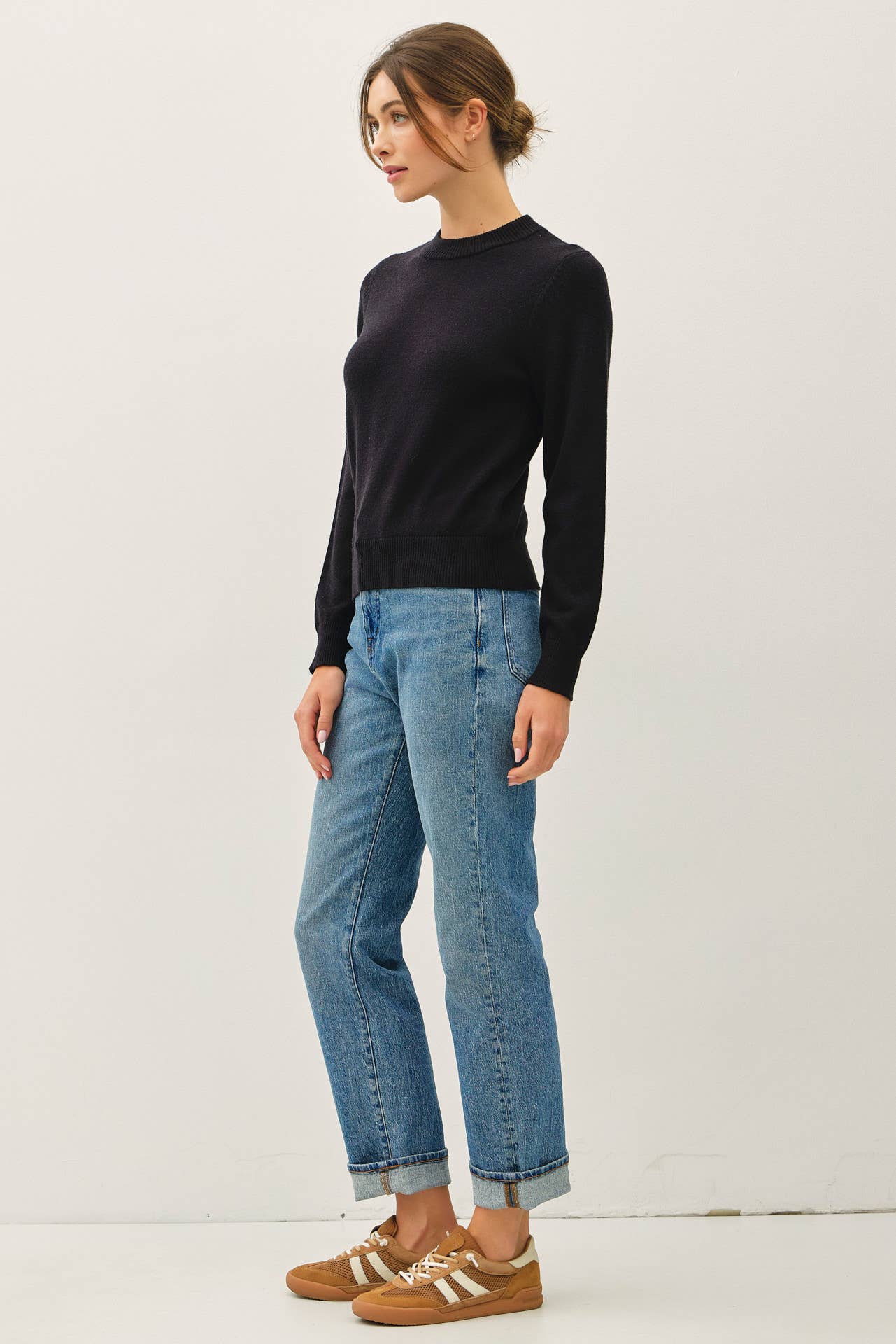 Ribbed Neck Cropped Length Sweater